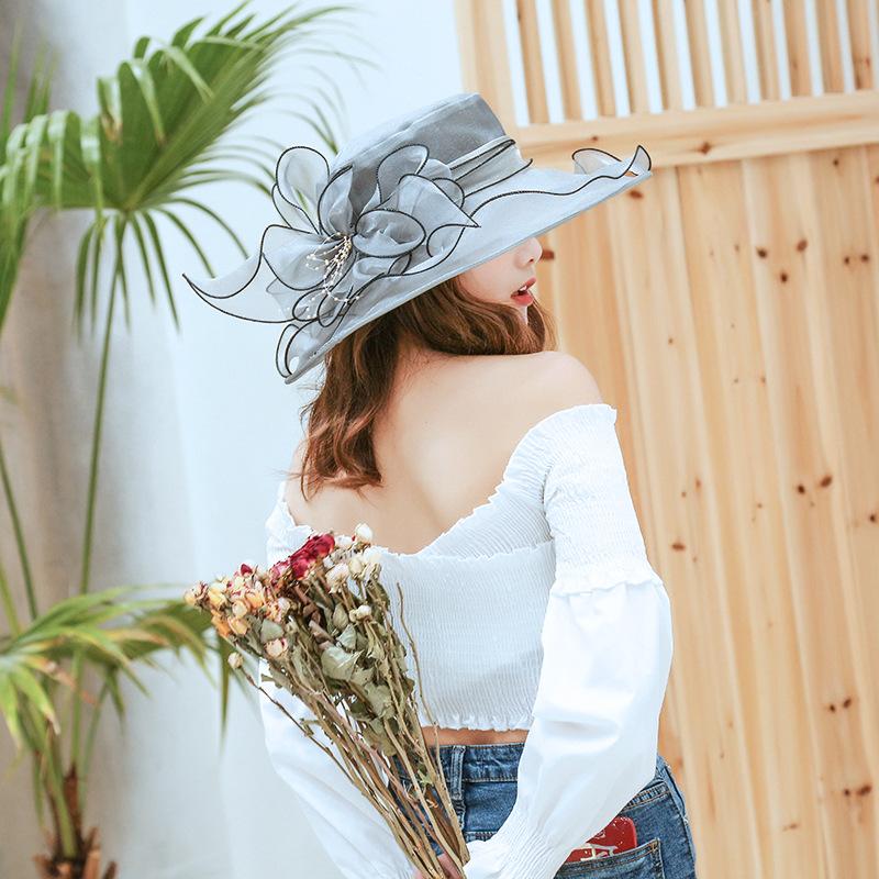 Sombrero elegante con estampado de lunares y flores para mujer, sombrero de Organza con ala ancha, Fiesta en la playa, 2022