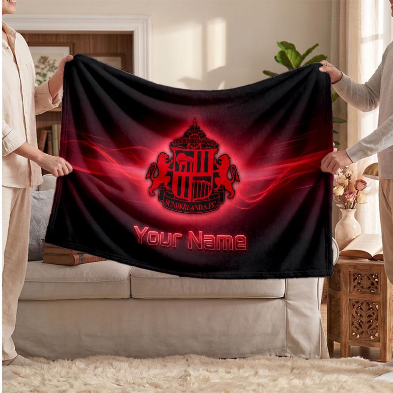 Sunderland FC Personalized Fleece Blanket With Football Logo, Custom Name Text Soft Warm Home Throw Blanket