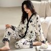 Женская пижама весенне-осенняя из ледяного шелка с длинным рукавом женская весенняя 1011 новый весенне-летний тонкий кардиган с V-образным вырезом домашний комплект