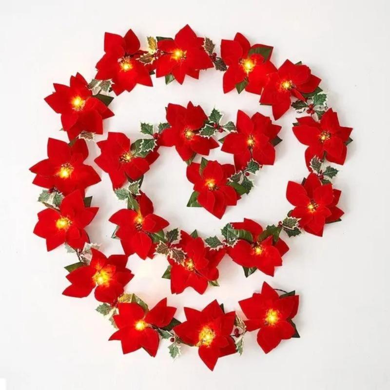 1 шт. 10/20 огней, рождественские цветы, украшения, гирлянды, гирлянды-искусственные украшения, декор для вечеринки в помещении/на открытом воздухе с красными ягодами, листьями падуба