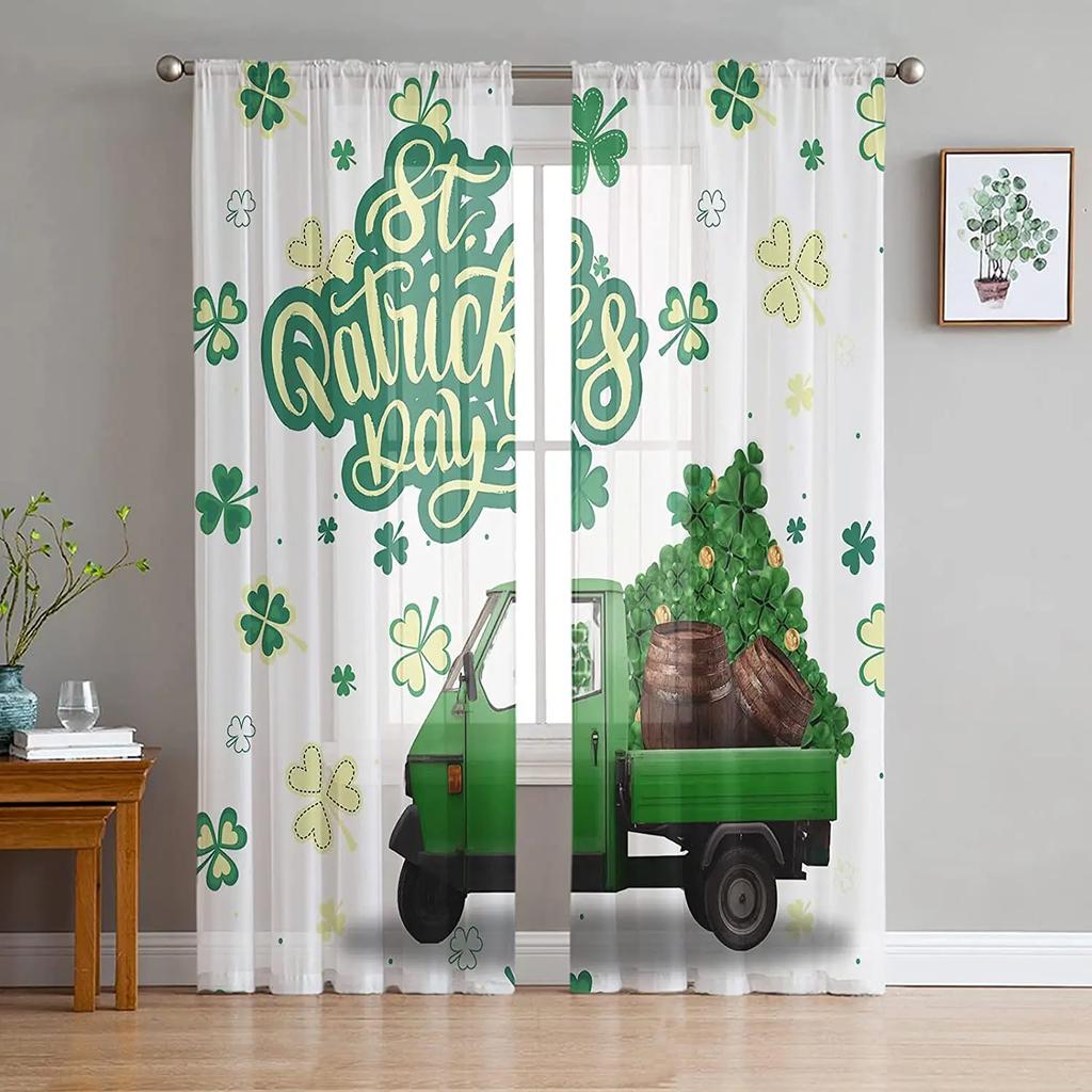 Шторы ко Дню Святого Патрика Клевер Золотая Пивная Шляпа Тюль Зеленые Счастливые Листья Оконные Шторы Спальня Гостиная Прозрачные Для Зоны Изготовлены Из Полиэстера