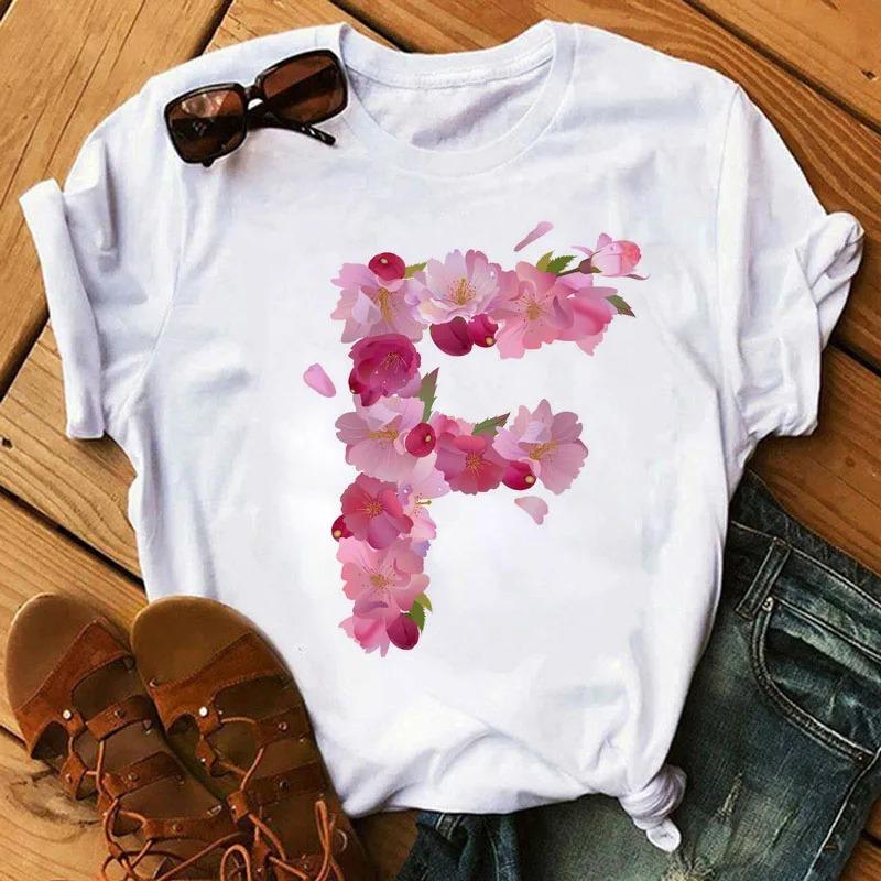 26 Letters Print T-Shirt Alphabet with Pink Flower Harajuku White Graphic Tee Casual Short Sleeve Lady Y2k Tops Women's Clothing