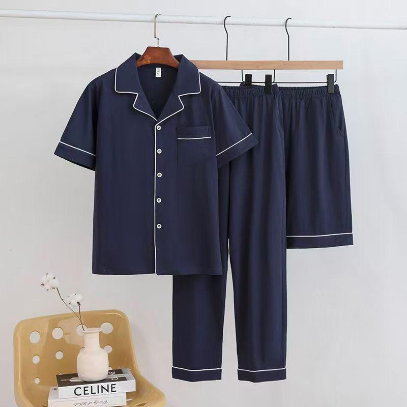 Мужской летний хлопковый комплект пижамы из 3 предметов: Топ с коротким рукавом, Длинные брюки, Повседневные тонкие шорты, Домашняя одежда