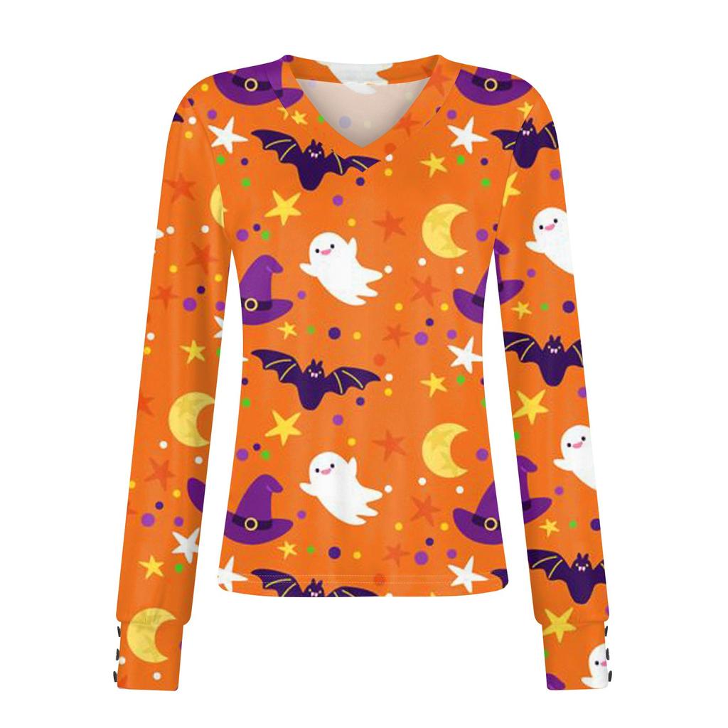 Женские топы с принтом на Хэллоуин, рубашка с длинным рукавом, V-образный вырез, повседневная свободная футболка, осенняя одежда