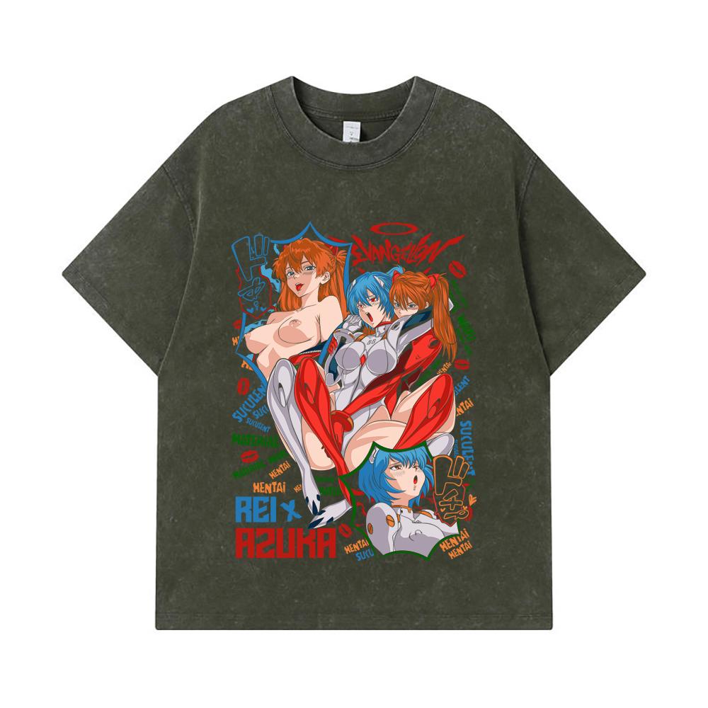 Стиранные футболки 275 г/м² 100% Хлопок Evangelion V9 Аска Рей Ваифу Принт Унисекс Плотная хлопковая футболка