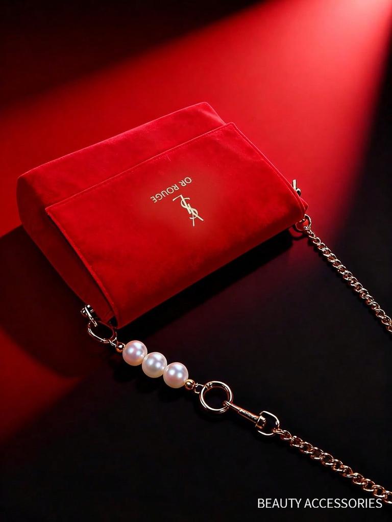 YSL Red Velvet Flap Crossbody Bag with Pearl & Gold Chain Strap Elegant Evening Shoulder Purse for Women
