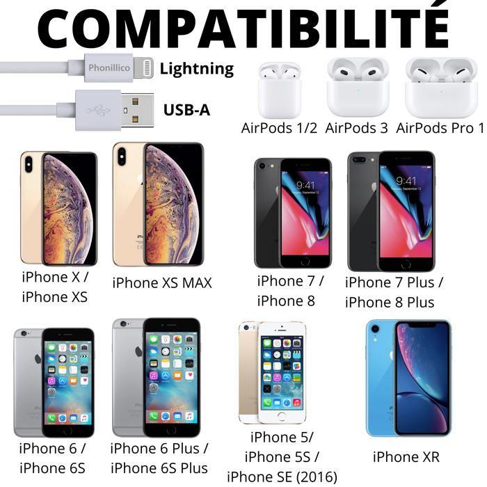 Lot 2 Cables 20cm USB Lightning Chargeur Blanc pour iPhone X/XS/XS MAX/XR/7/7 PLUS/8/8 PLUS/6/6S/6 PLUS/5/5S/SE/AirPods Phonillico