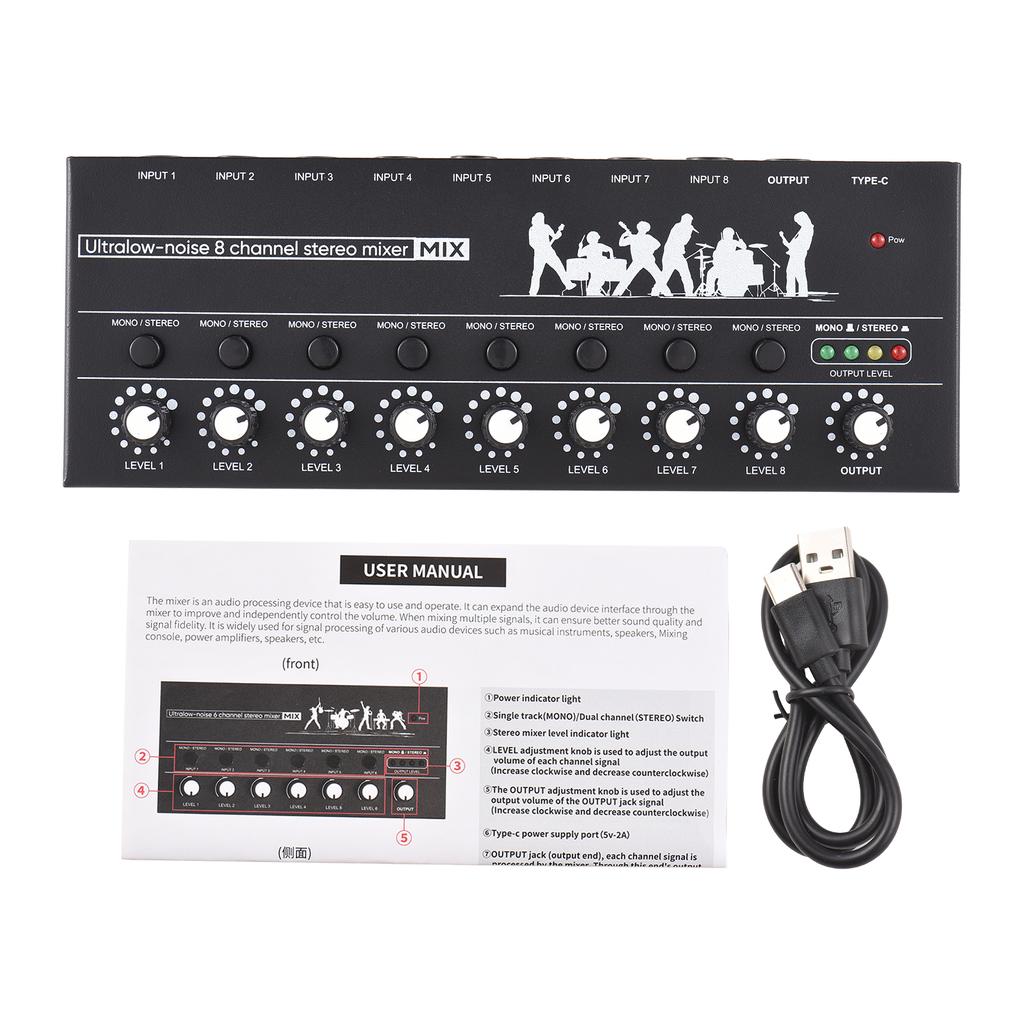 8-канальный аудиомикшер с переключением моно/стерео и индикатором уровня 6,35 мм TRS/TS