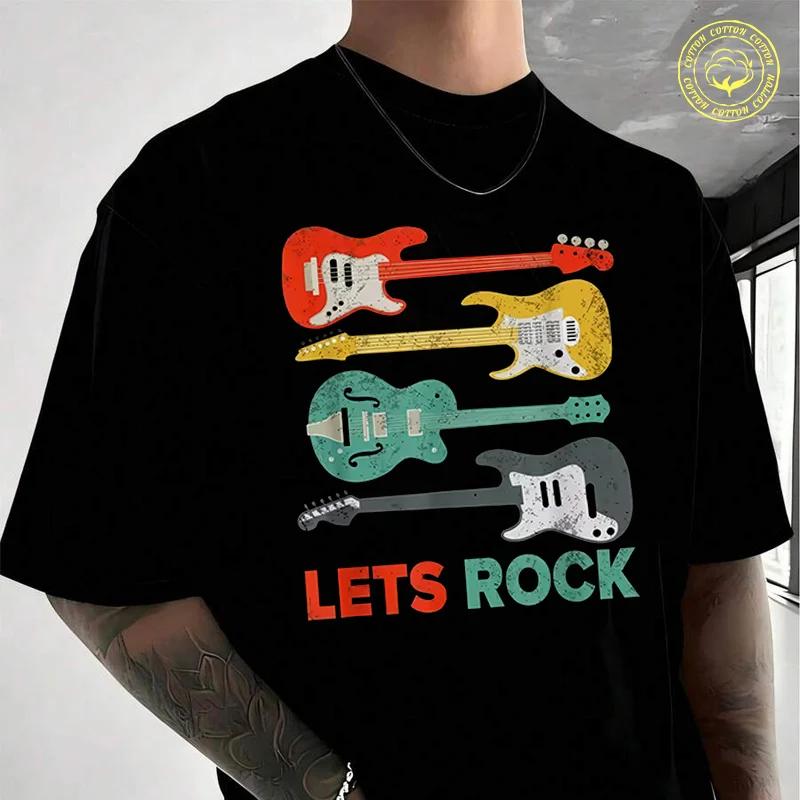 Let's Rock Electric Guitar Music Lover Band Guitarist Men's Moto Casual T-Shirt Street Suitable