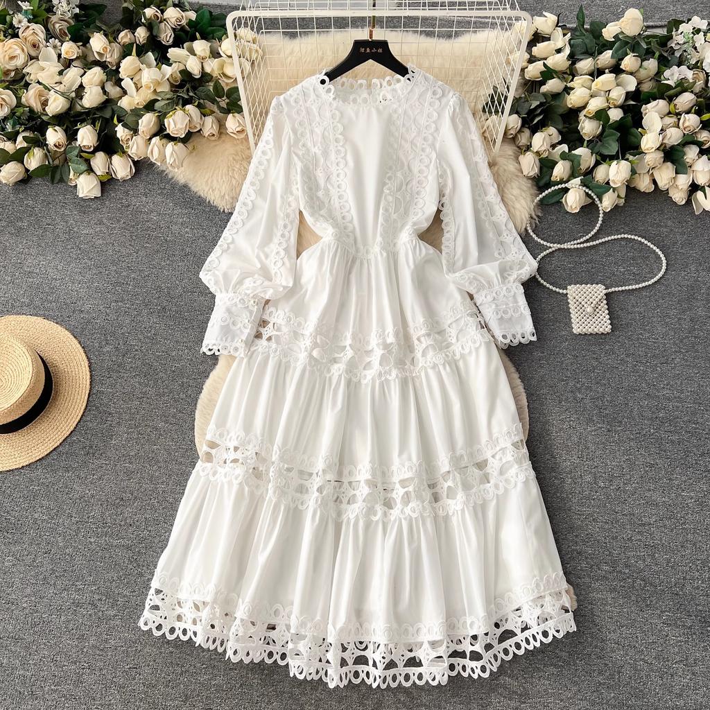 Autumn Holiday Embroidery Hollow Out Dress Women's Lantern Sleeve O Neck Lace Trims Solid Color Evening Party Midi Dresses