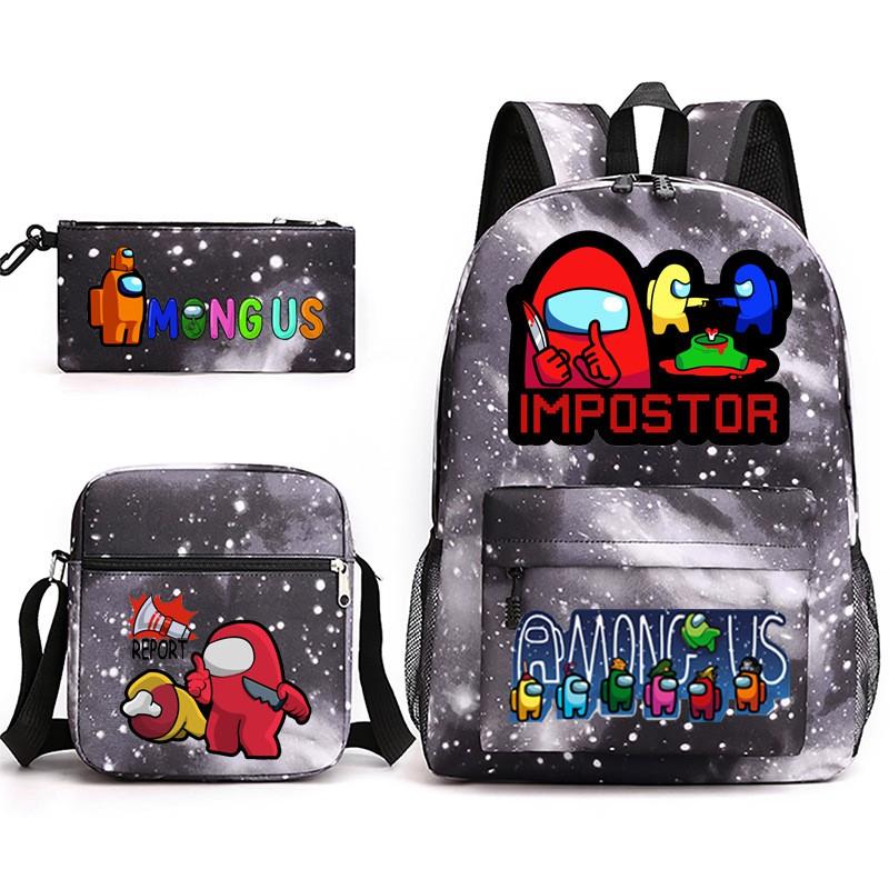 Among Us Cartoon Print Backpack Set Students 3-Piece Canvas School Travel Bag Street Style 20-35L Capacity