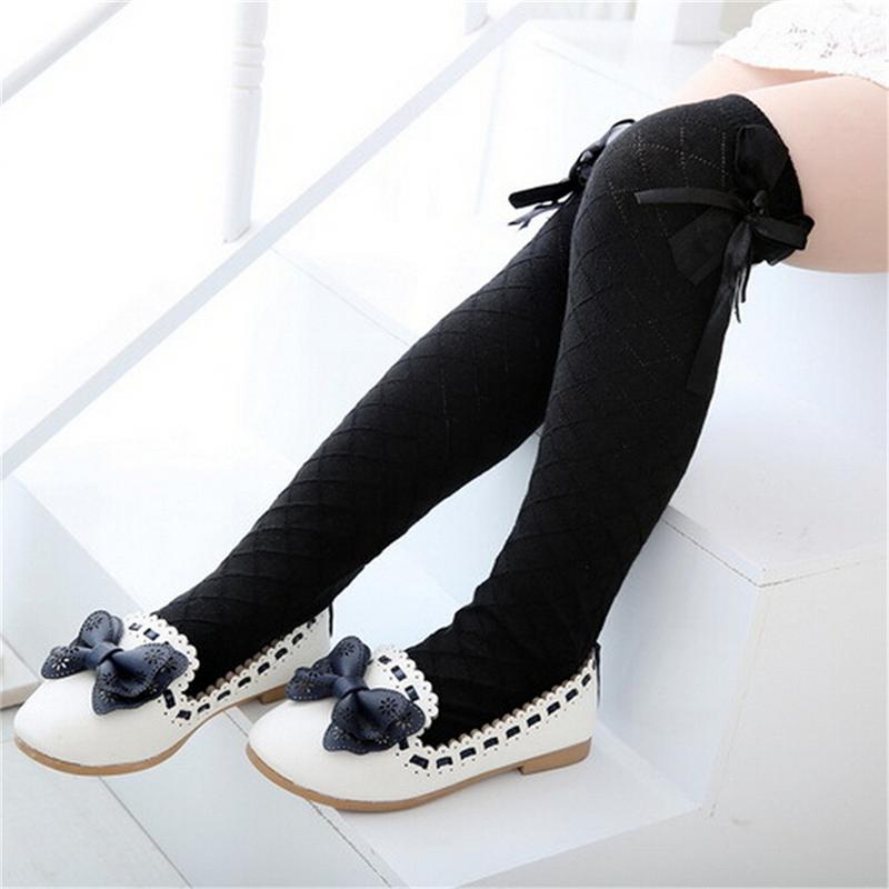 Классические детские хлопковые носки для девочек, колготки, школьные чулки до колена с бантиком