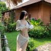 Sexy tight-fitting high-waisted split-body swimsuit one-word shoulder long-sleeved exposed navel short vacation dress