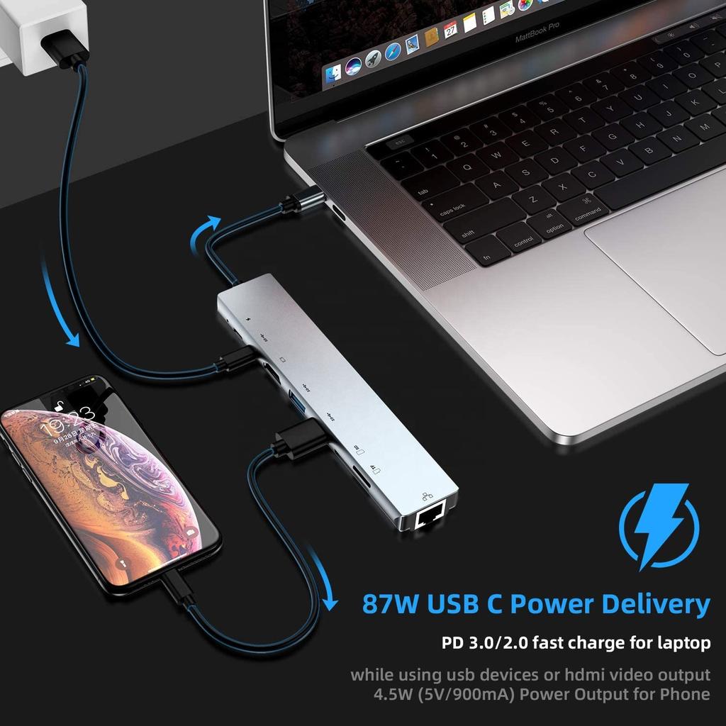 8 in 1 USB Type C To RJ45 Ethernet Adapter Hub with 4K HDMI,TF/ SD Card Reader, USB-C, PD Charging, 2 USB-A for MacBook and More