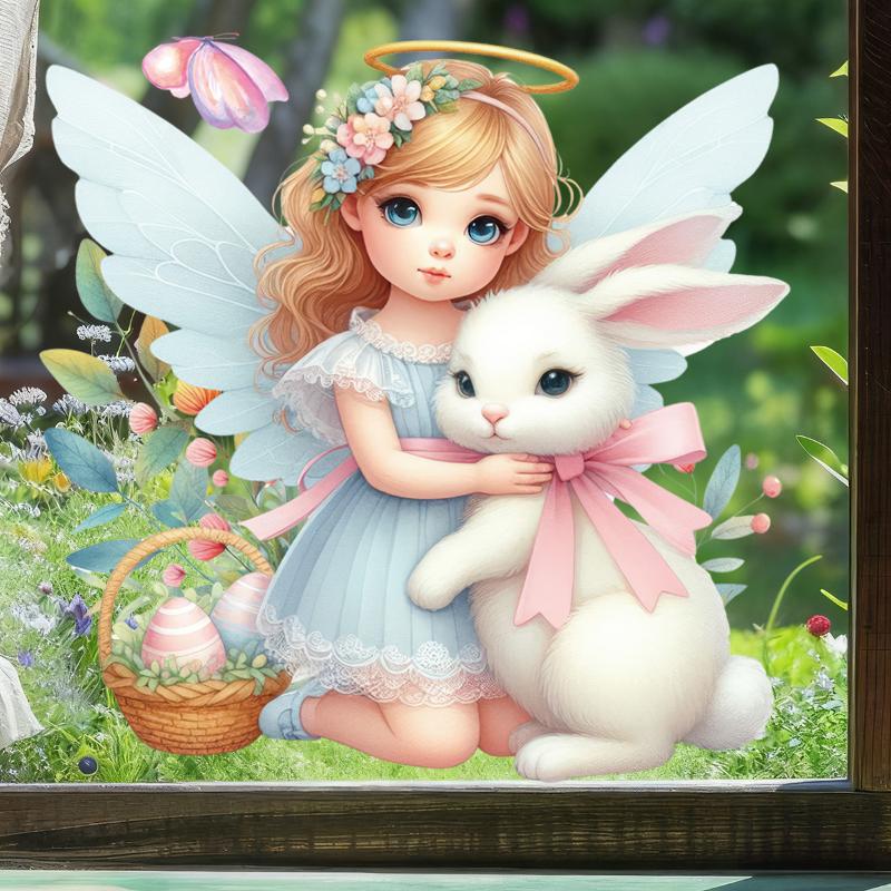 1 Sheet Cute Rabbit Egg Decals Easter Stickers Angel Rabbit Showcase Entrance Glass Electrostatic Patch Easter Party Decoration