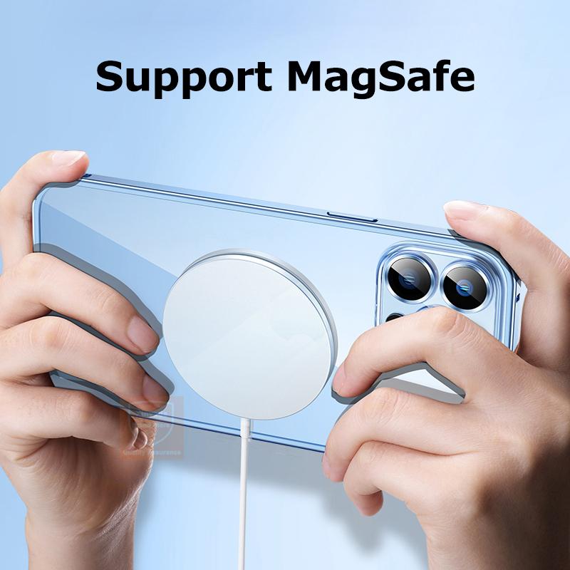 Магнитный чехол для iPhone 11 12 13 14 Pro Max, прозрачная задняя крышка Magsafe для iPhone 13 Pro Max 12, металлический каркас, бампер, линза для телефона, стекло
