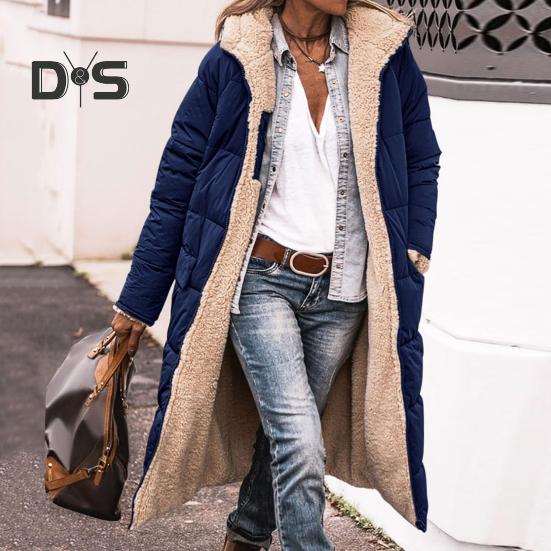 Women Winter Splicing Long Coat Hooded Long Sleeve Fleece Lining Outwear Zipper Placket Pockets Double Sided Wear Long Down Jacket