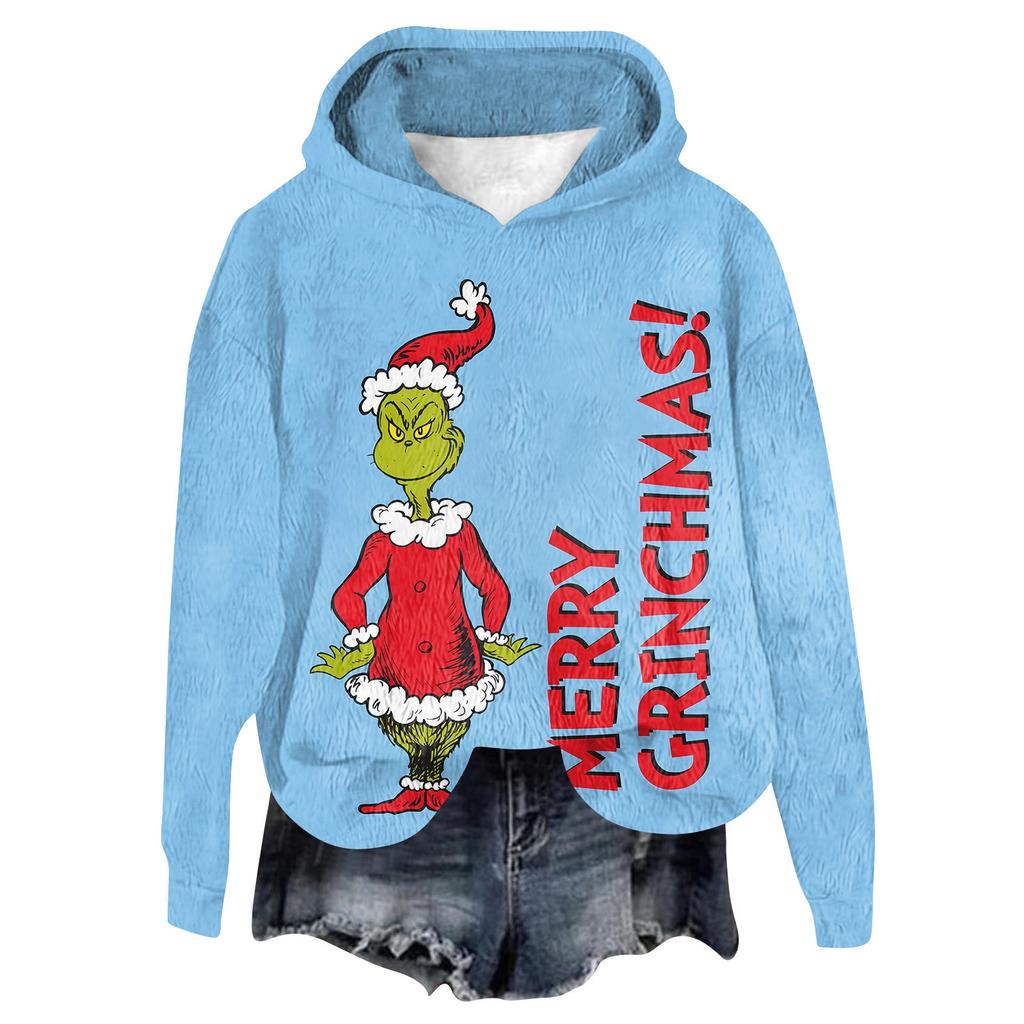 Women's Hooded Long Sleeve Christmas Printed Flannel Top Hooded Sweatshirt