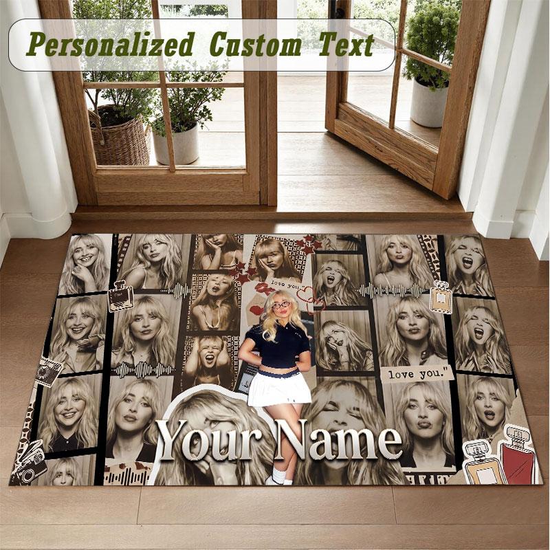 Crystal Velvet Square Rug Custom NameSabrina Carpenter Pattern Non Slip Home Floor Decor Rug