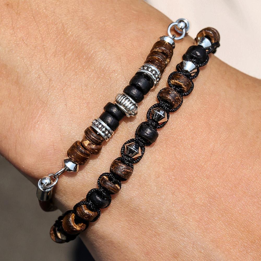 Vacation Style Stacked Bracelet Retro Men's Beaded African Pine Black Agate Woven Elastic Bracelet Women