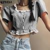 Women Summer Lace Square Neck Plaid Bubble Short Sleeve Blouses