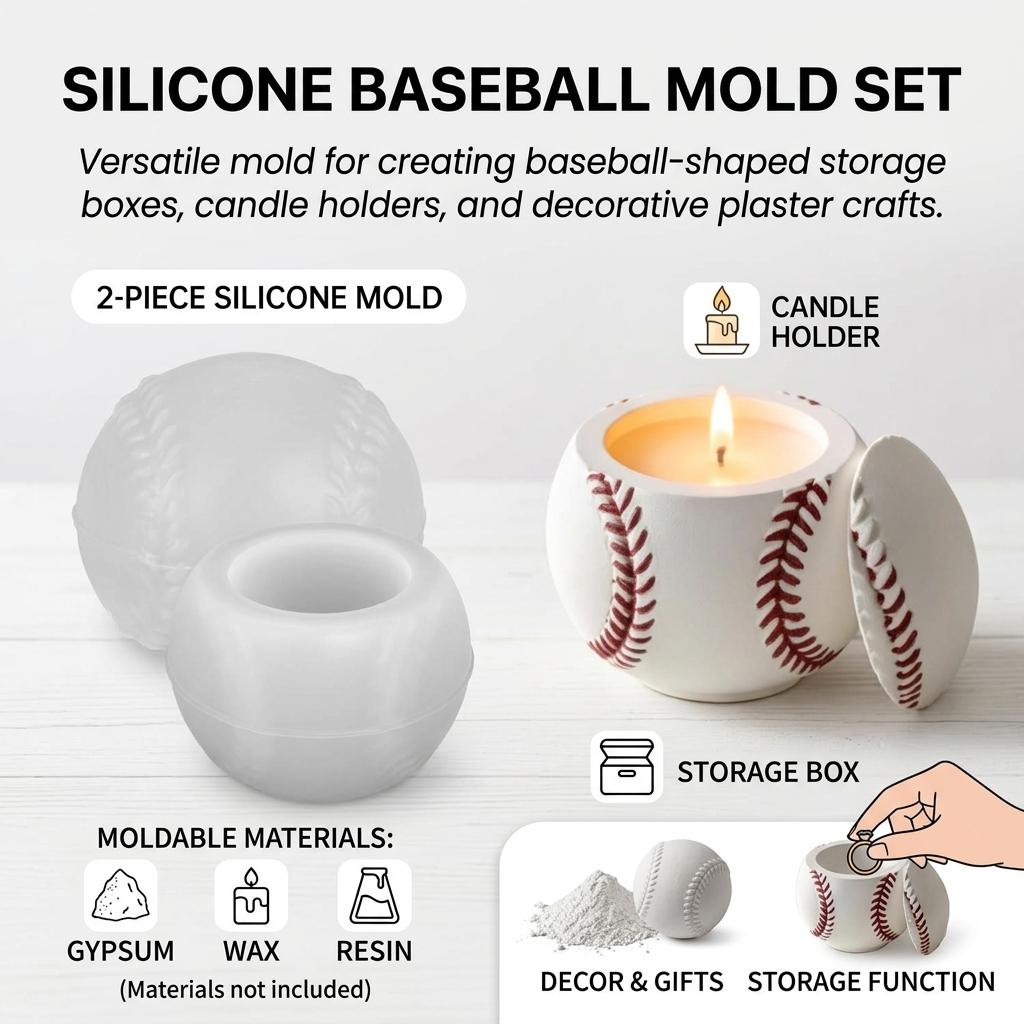 Silicone Baseball Mold For Candle Cup Storage Box DIY Gypsum Figurine Silicone Mold Durable High-Elasticity Heat Resistant