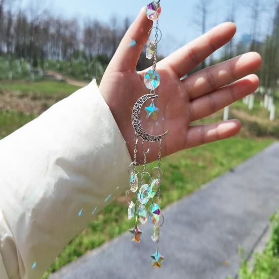 Moon Sun Catcher Prismatic Rainbow Maker Pentagram Beaded Sunlight Catcher Window Hanging Ornament for Bedroom Garden Decor
