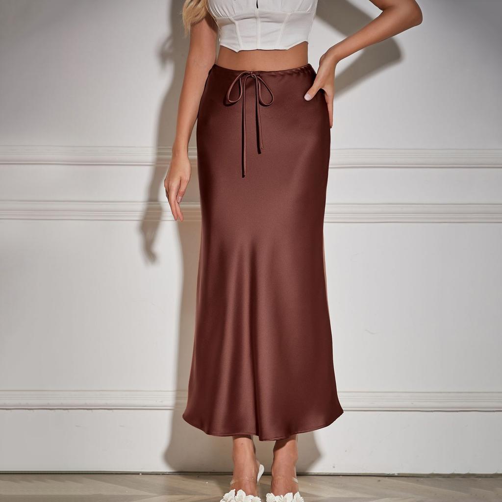 Новая атласная длинная юбка с высокой талией и завязками, однотонная юбка для женщин
