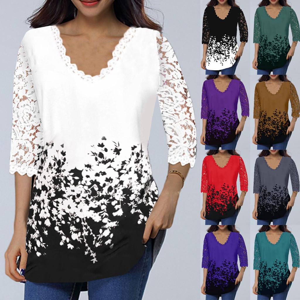 Women's Lace 3/4 Sleeve V Neck T Shirt Ladies Floral Blouse Tunic Tops Plus Size