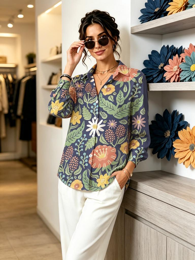 Women Lapel Long Sleeve Vintage Floral Leaf Print Shirt, Thin Blouse for Travel, Afternoon Tea, Dating & Daily Outing