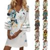 Women's Fashion Temperament Elegant Fresh Floral Printed V-Neck 3/4 Sleeves Mini Dress