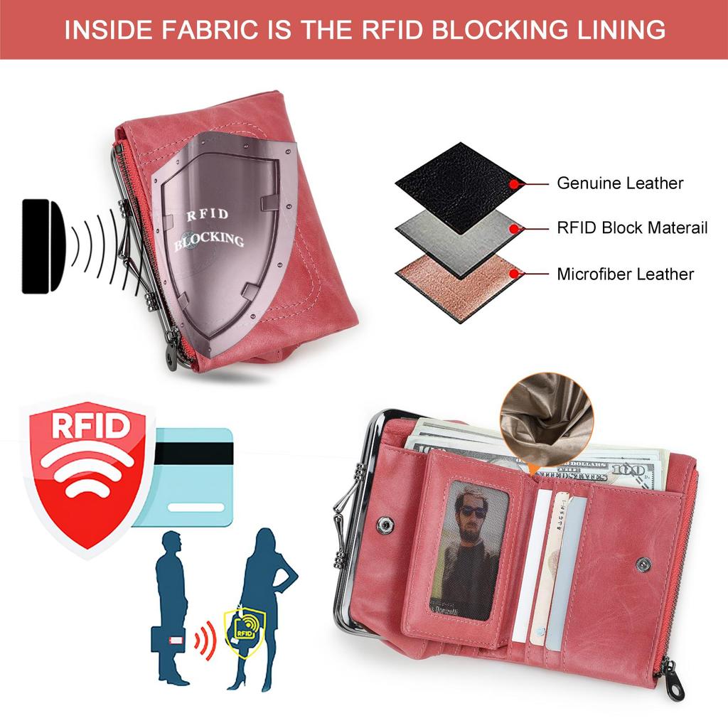 Женский кошелек из натуральной кожи, небольшой кошелек с металлическим каркасом, женский кошелек на застежке и молнии, карман для монет, держатель для кредитных карт, RFID-кошелек