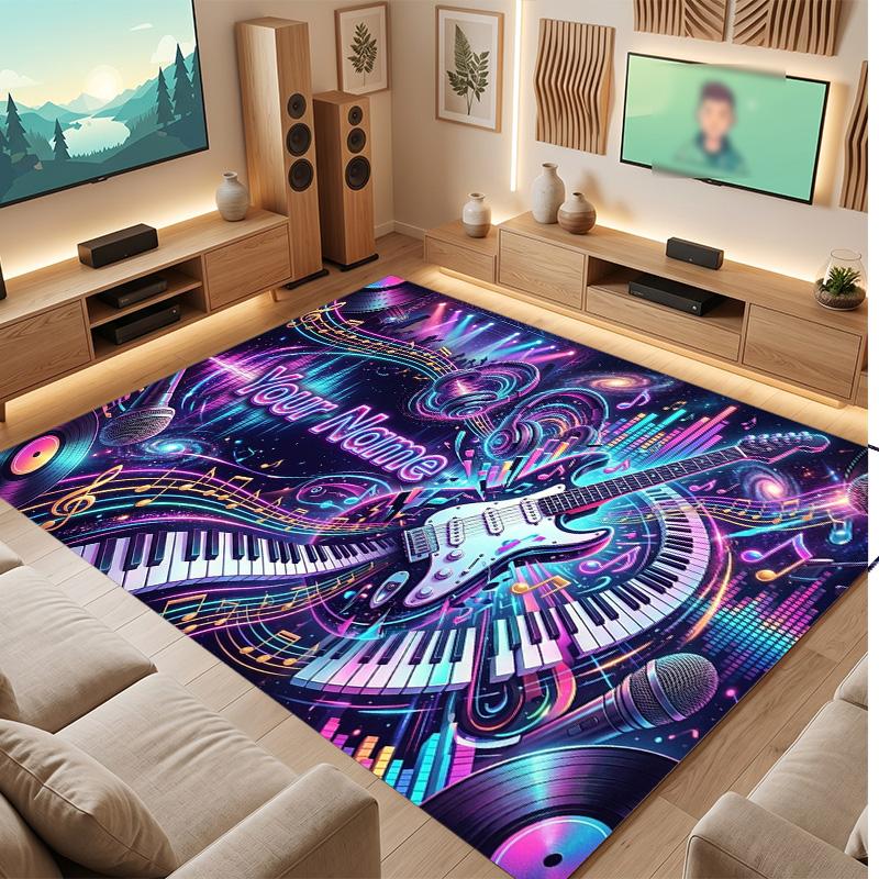 Music Theme Soft Crystal Velvet Rug Custom Name & Text Print Non Slip Floor Rug for Bedroom Living Room