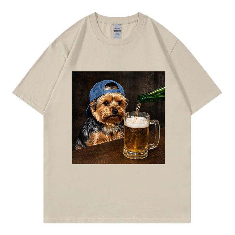 Yorkie Drinking Beer Funny Meme Graphic T Shirts Summer Casual Short Sleeve T-shirtWomen Fashion O-Neck T-shirt