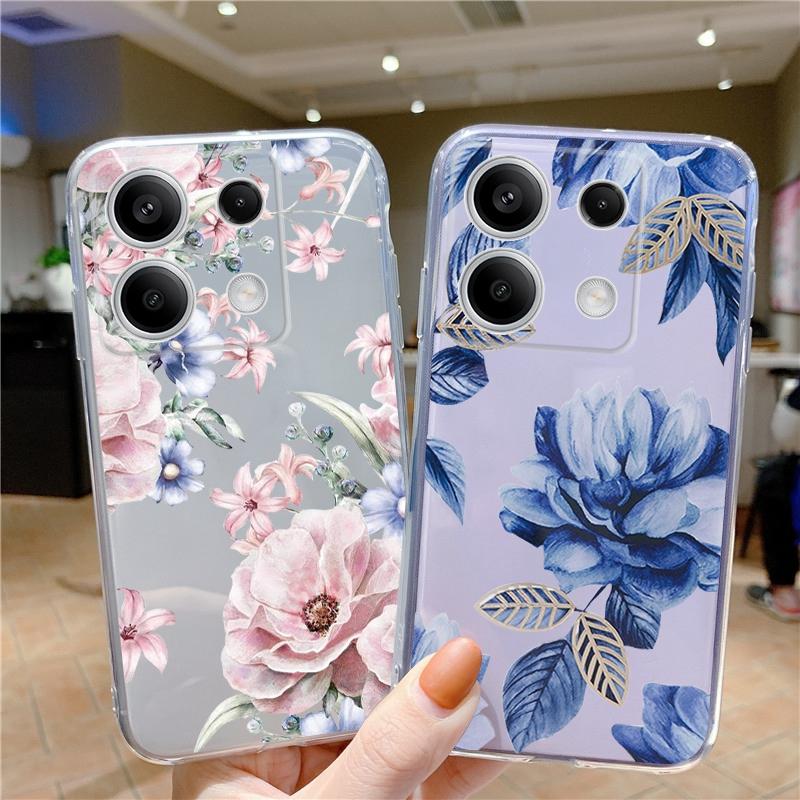 Flowers Patterned Soft Silicone Clear Case For Xiaomi Redmi Note 13 Pro Poco Samsung A55 A54 A34 A15 S24 M35 iPhone 11 12 13 14 15 Shockproof Cover