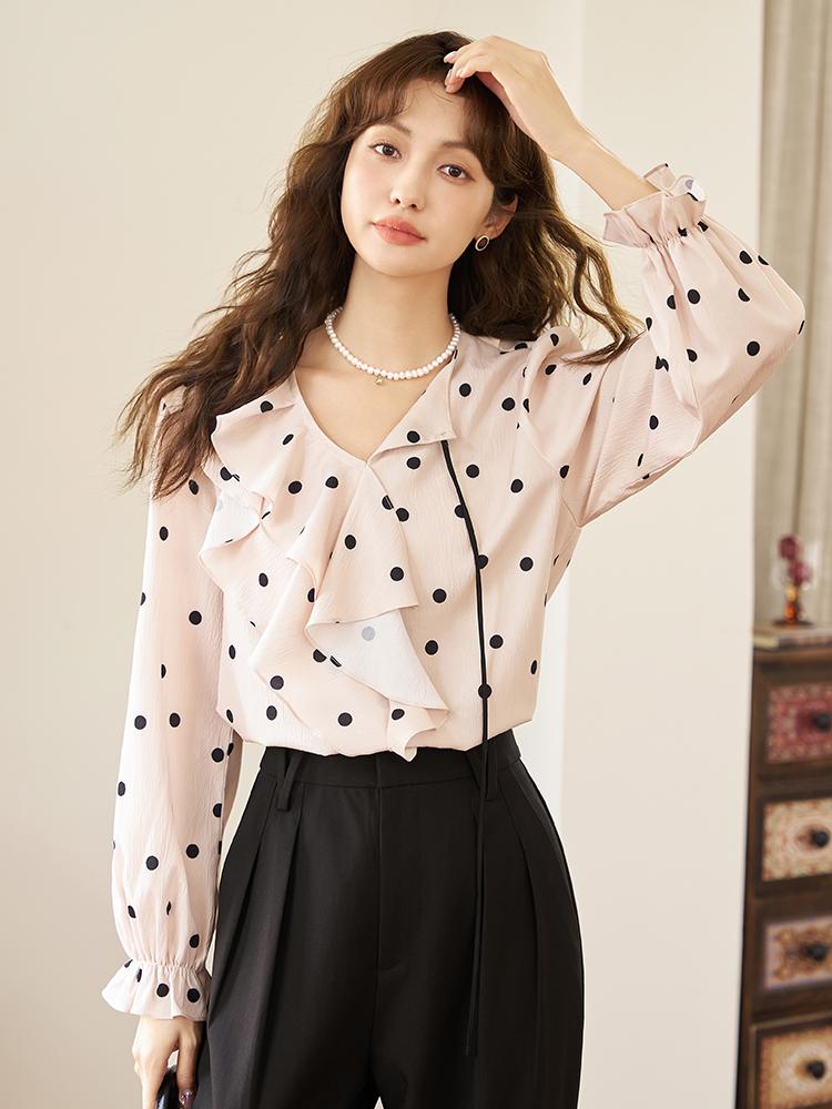 Mishow Женская блузка, новинка 2024 года, элегантная винтажная блузка во французском стиле в горошек с рюшами и длинными рукавами, с v-образным вырезом, офисные женские топы MXC45X1300