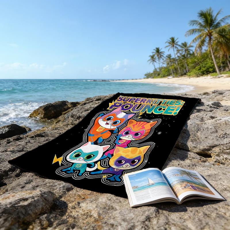 1pc Super Kitties Adventures3 Beach Towel, Beach and Seaside Swimming Pool Equipment, Fashion Pattern, Rectangular, Travel Essentials