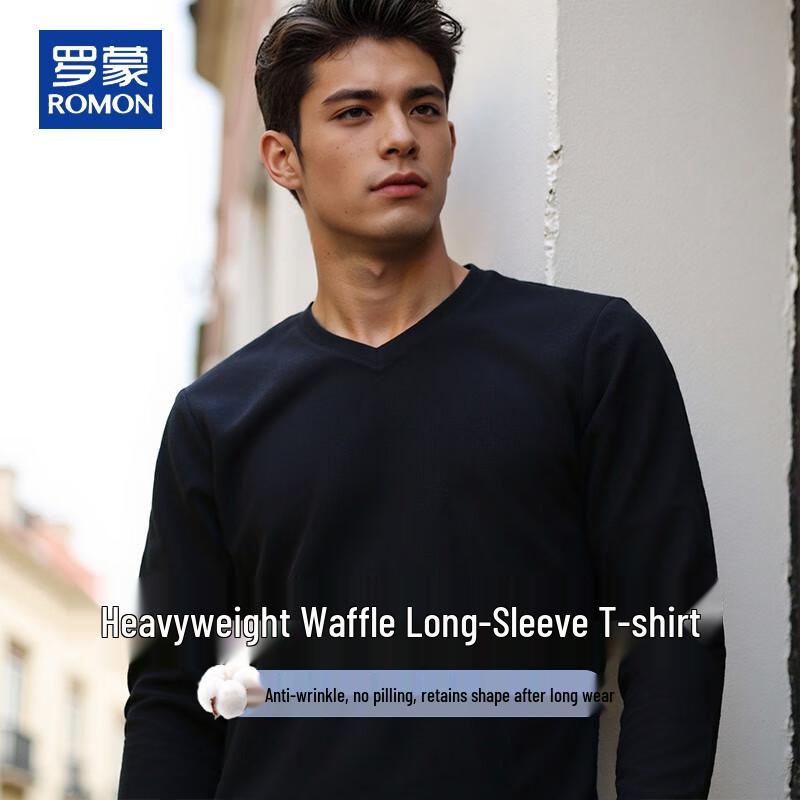 ROMON Men's Waffle V-Neck Long Sleeve T-Shirt