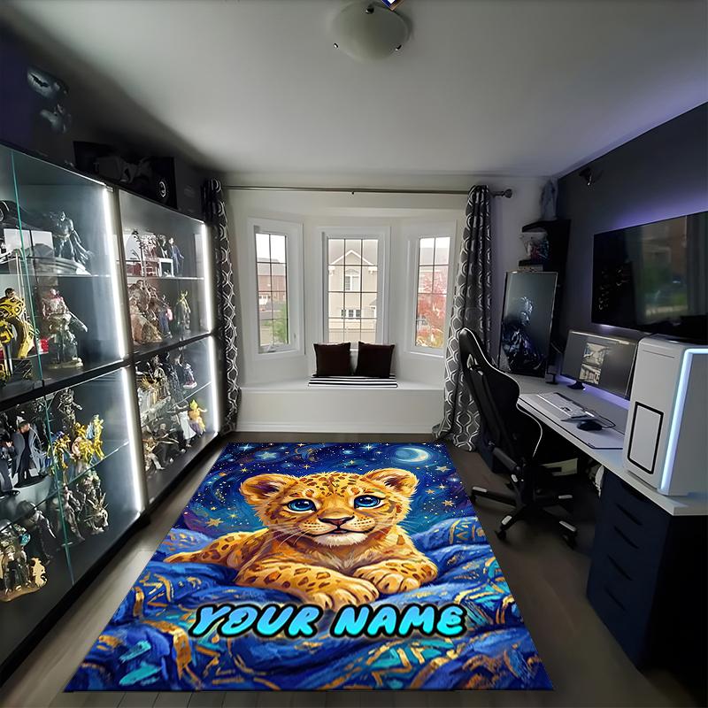 1PC Custom Name Lion Cub Starry Night Theme Floor Mat Ideal for Living Room, Game Rooms, Office, Bedroom,Floor Mat Playful Design