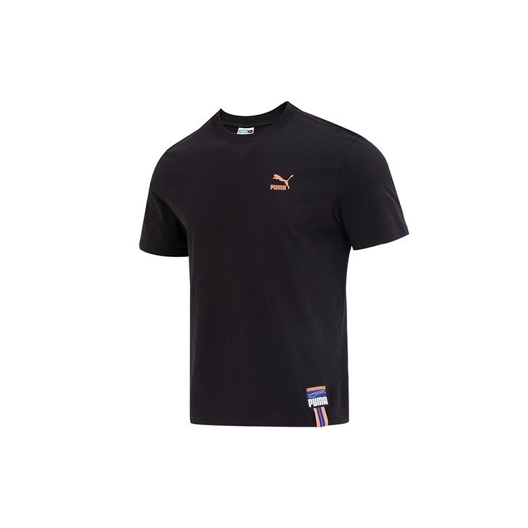Puma Американский ретро-принт на спине с круглым вырезом, повседневная футболка с коротким рукавом, унисекс, топы, черный цвет 677382-01