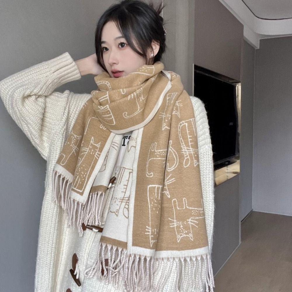 Lightweight Kitty Jacquard Weave Scarf Thickened Cashmere Shawl Trendy Cat Knitted Scarf Winter