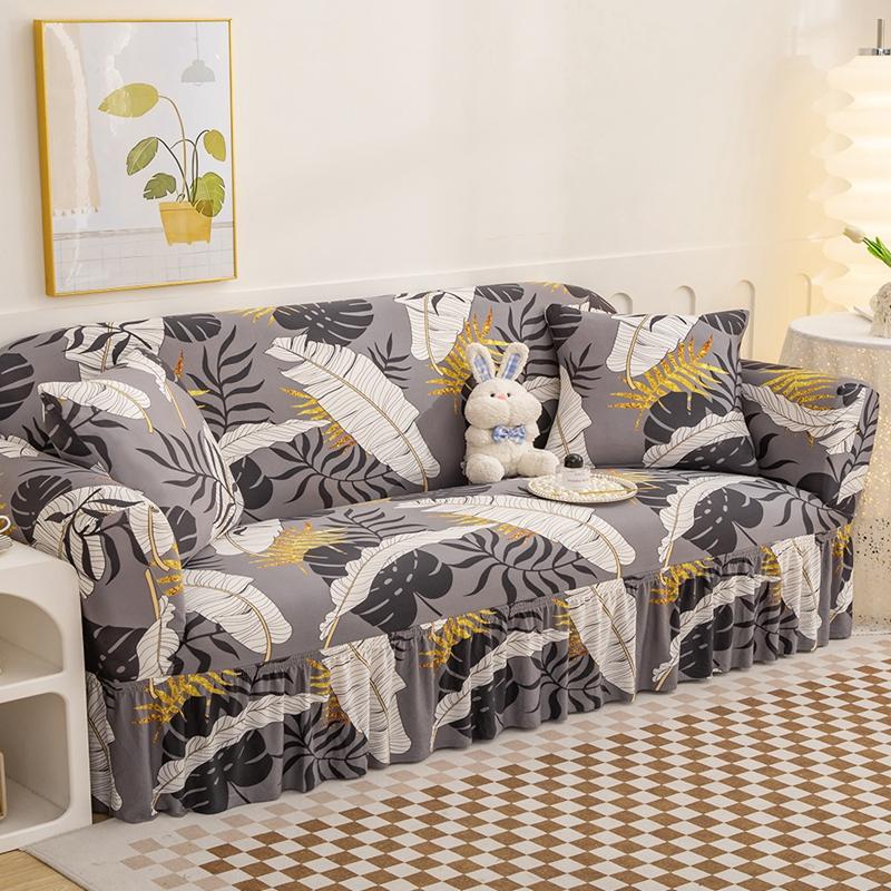 Floral Print Sofa Cover with Skirt Stretchable Washable Non-Slip Elastic Bottom Durable Furniture Protector for Living Room