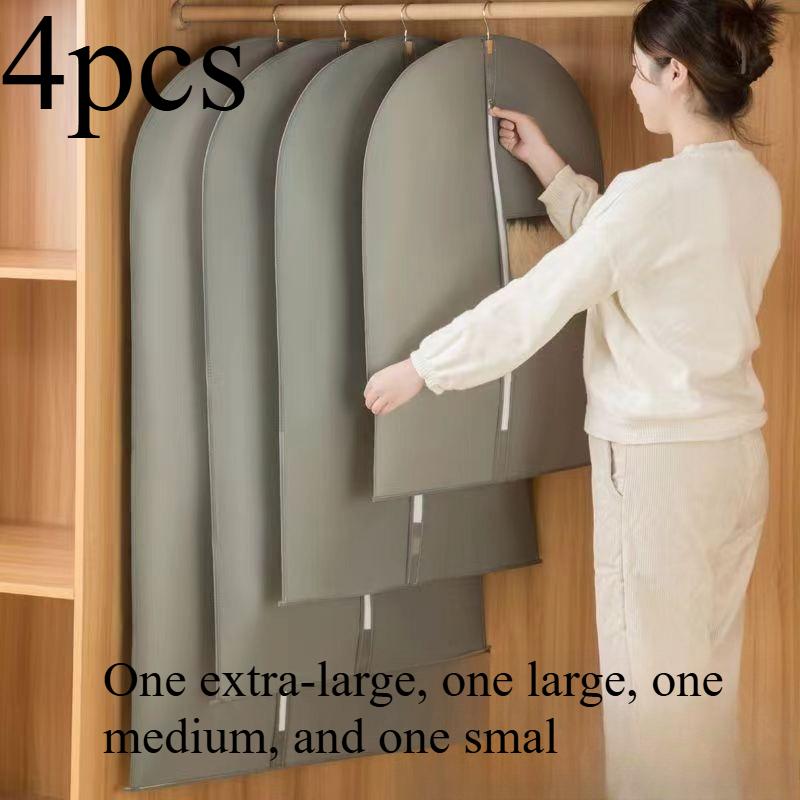 4pcs/set Clothes Dust Cover Wardrobe Walk-in Closet Household Visible Non-woven Fabric Fully Enclosed Coat Suit Hanging Bag