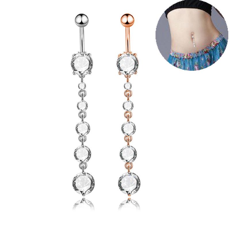 New Rose Gold Silver Long Zircon String Navel Ring Navel Navel Piercing Jewelry