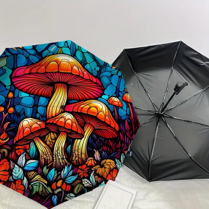 Stained Mushroom Garden Automatic Opening Folding Umbrella - Portable 3-Fold Design with Iron Frame, Perfect for Outdoor Use, Festive Gifts,