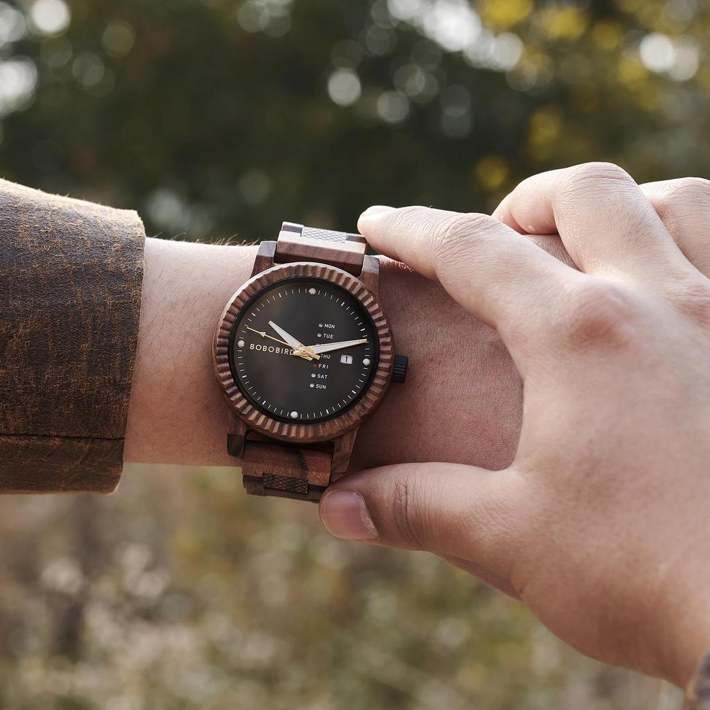 BOBO BIRD Мужские деревянные часы с аналоговым кварцевым механизмом, индикацией дня недели и даты, легкие деревянные часы ручной работы (Темно-синий)
