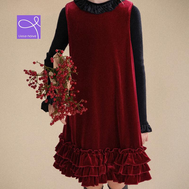 Little Naive Girls' Fleece-Lined Velvet Sleeveless Dress