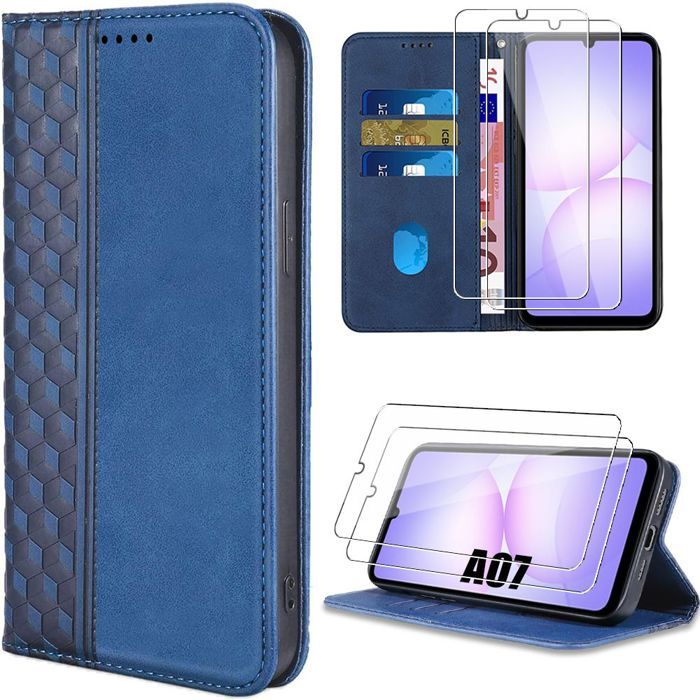Coque de Protection - BOOLING - pour Samsung Galaxy A07 - Flip Case Synthétique Bleu Marine - 2 Vitres