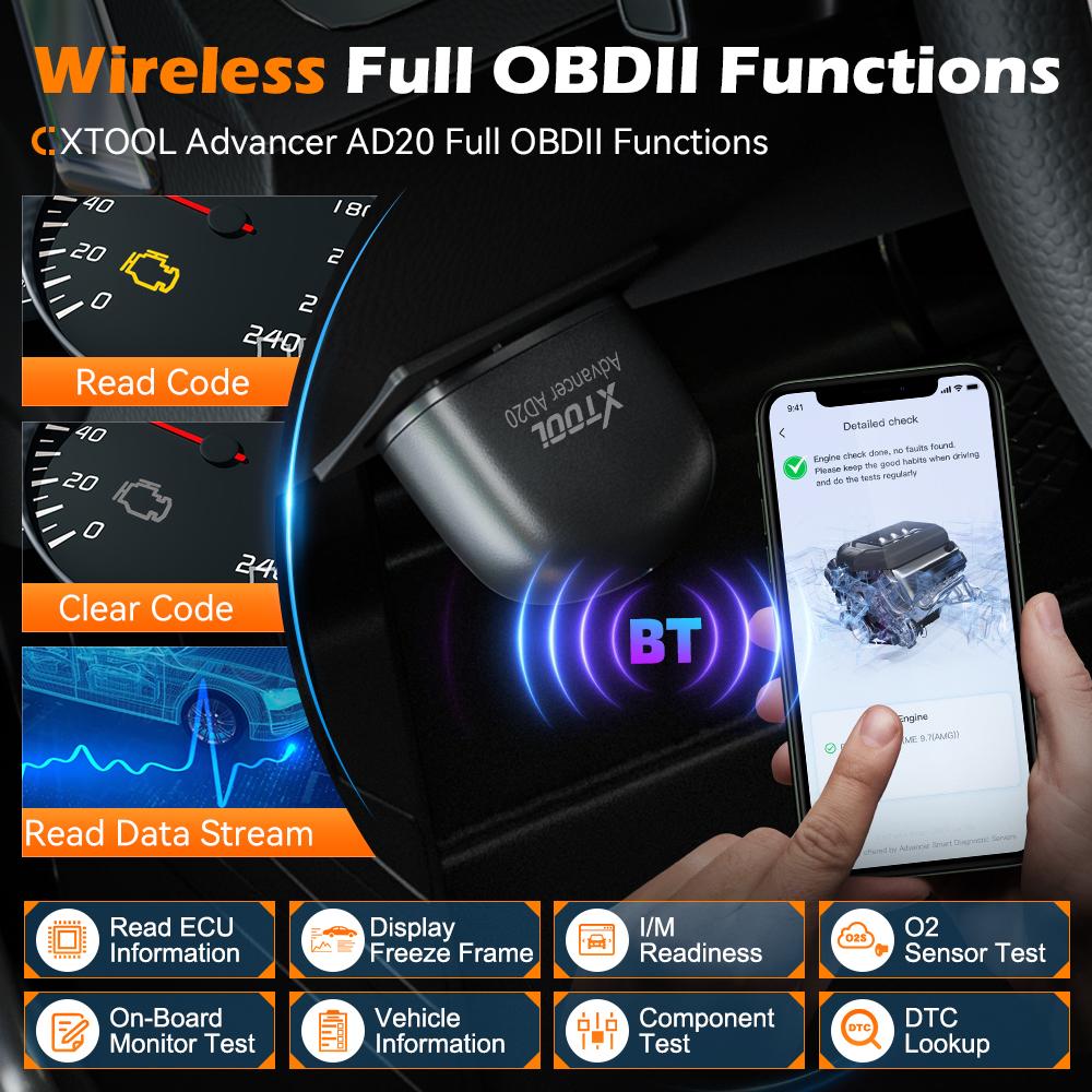 XTOOL Advancer AD20 Мини Bluetooth 5.0 OBD2 Сканер Полный набор функций OBD2 Диагностический инструмент для автомобиля Чтение/Сброс кодов неисправностей Универсальный
