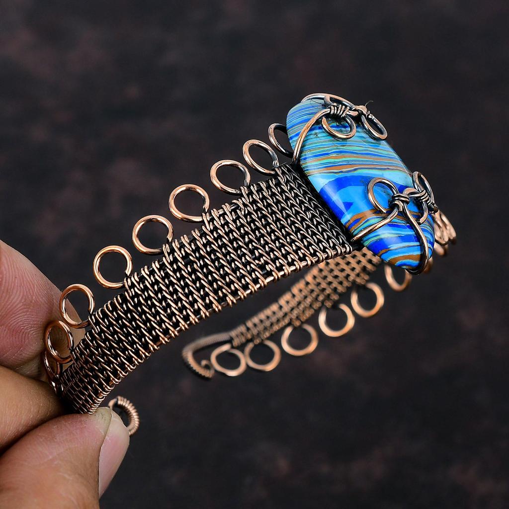 Радужный кальцит браслет-манжета с обмоткой из медной проволоки браслет-манжета из драгоценного камня ручной работы регулируемый браслет медные украшения подарок для невесты